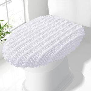 Smiry Soft Chenille Bathroom Toilet Lid Cover, Stays in Place Rubber Backing Covers, Machine Washable, 17.5x15, Fits Most Round, Elongated and Oblong Lids, Accessories Decor, White