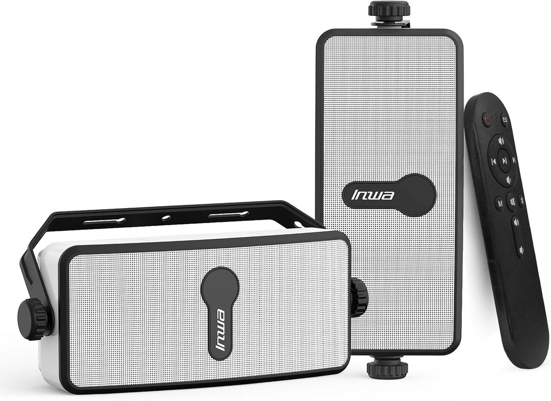 Inwa Upgraded 200W Outdoor Bluetooth Speakers Pair - IPX5 Waterproof Wall Mount Stereo Speaker, Wireless Multi-Speaker Connection with Auracast, Sound System w/Aux for Porch, Patio, Garage, Home