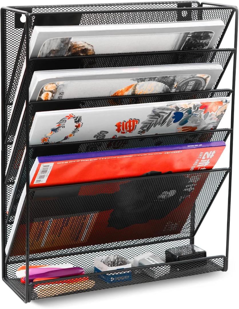EasyPAG 5 Tier Wall File Holder, Mesh Hanging Folder Organizer with Classify Label, Versatile Desk File Holder, Vertical Wall Mounted Mail Organizer for Office Home Cubicle, Black
