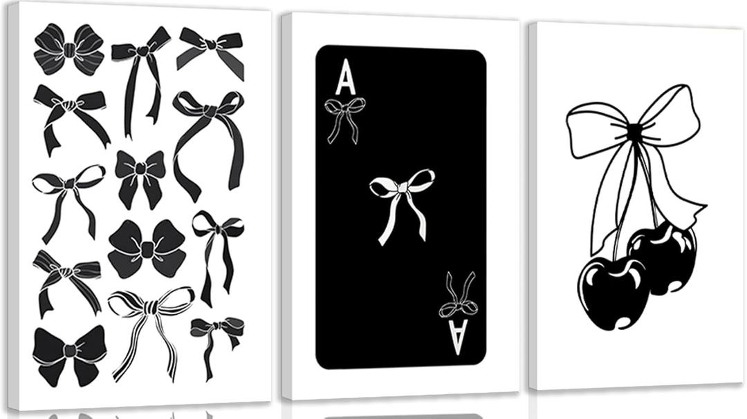 Kyiyhzp 3Pcs Fashion Black White Bow Canvas Wall Art Funky Aesthetic Cherry Poker Picture Painting Trendy Preppy Aesthetic Wall Decor Artwork for Girl Room Dorm Apartment Bedroom Decorations 16x24in