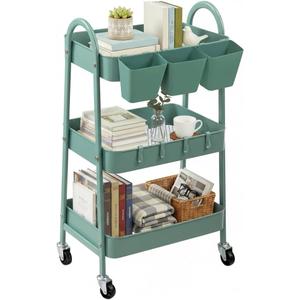 danpinera 3-Tier Rolling Cart, Utility Cart Mobile Metal Rolling Storage Cart with Lockable Wheels & Hanging Cups & Hooks for Kitchen, Bathroom, Office, Workshop, Green, Normal