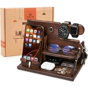 TESLYAR Wood Phone Docking Station for Men - Desk or Nightstand Organizer - Birthday Gifts for Husband, Dad - Anniversary Idea from Wife - Key Holder, Stand Wallet, Watch & Essentials (Bourbon Brown)
