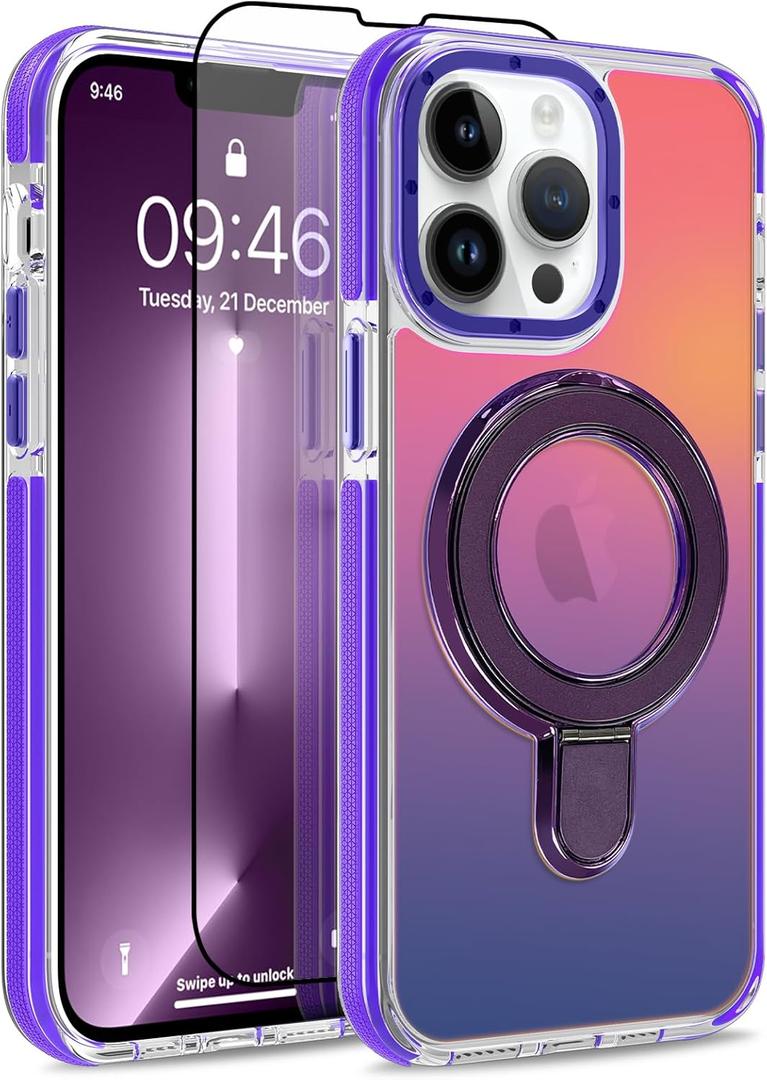 MOWIME Magnetic for iPhone 13 Pro Max Case with Stand [Compatible with Magsafe] [Fashion Fluorescent Design] [1 Screen Protector] Slim Translucent Matte Case for iPhone 13 Pro Max 6.7" 2021, Purple