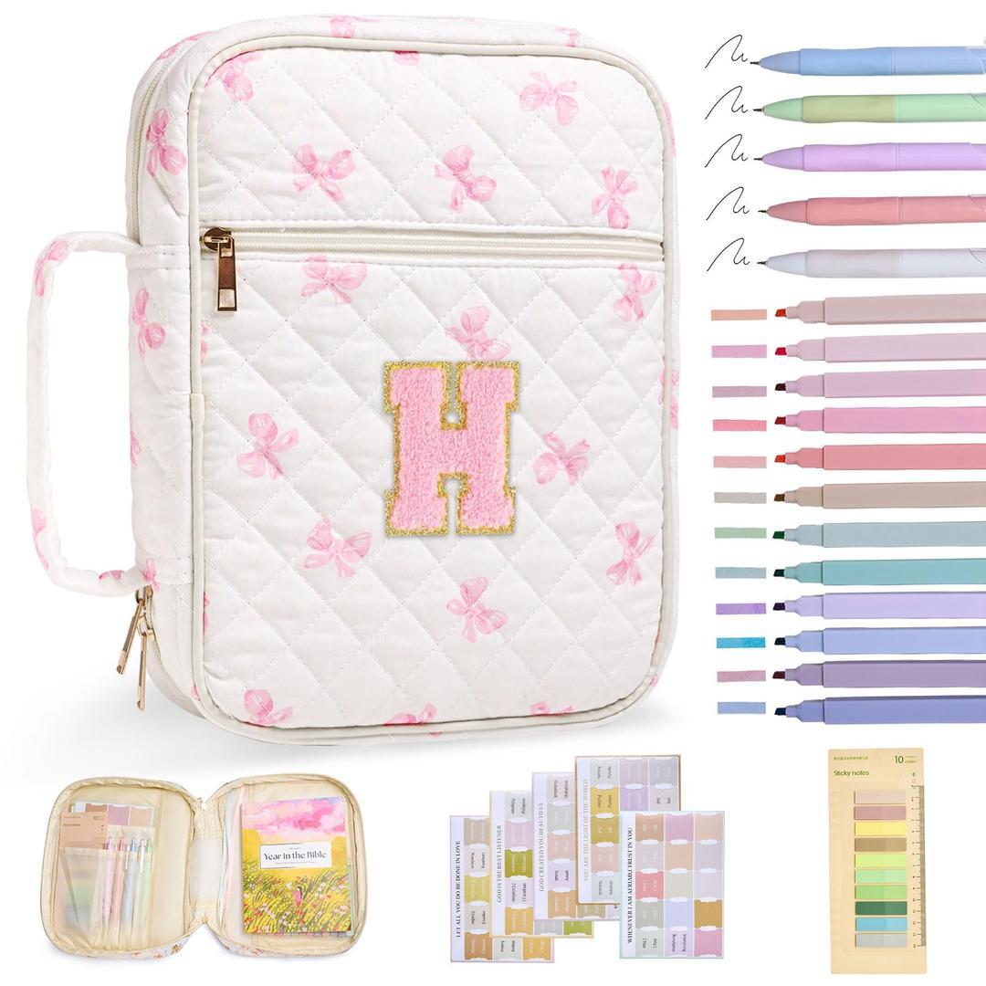 Nayno Initial Bible Cover Case for Women Girls Kid Large Bible Cover with Durable Handle Quilted Bible Carrying Case for Girls Bible Study Supplies Accessories (Pink Bow H, one size)