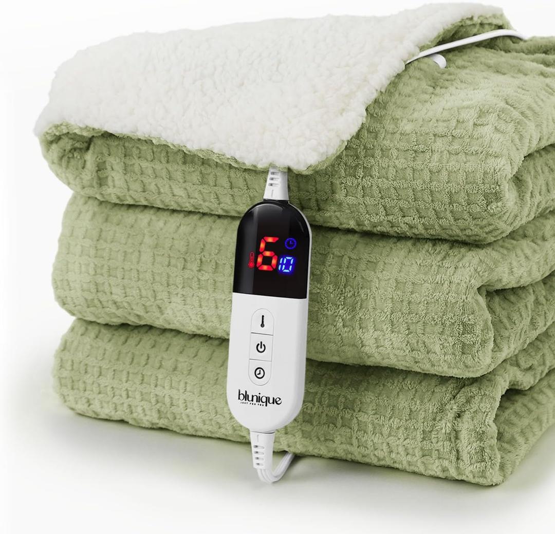 blunique Heated Blanket Electric Blanket Twin Waffle, 62x84 Inches Sherpa Fleece Fast Heating Blanket 6 Heating Levels & 10 Hours Auto Off ETL Certification, Sage Twin