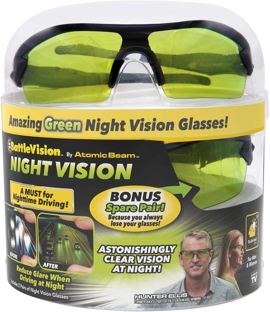 Battlevision Polarized Night Glasses, As Seen on TV Sport Glasses with Green Lenses Reduce Glare To Improve Night Vision, 2 Pack, Holiday Gift