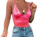 Velius Women's Sexy Deep V Neck Shiny Thong Bodysuit Tank Tops with Underwire (Neon Rose, X-Large)
