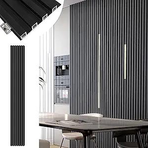 Black Wall Panels for Interior Decor 96x6.6in 8Pack WPC Wall Panel Waterproof Matte Finish Black 3D Accent Wall for Living Room Bedroom Hall Office, 33.6 sq.ft Coverage Slat Wall Paneling