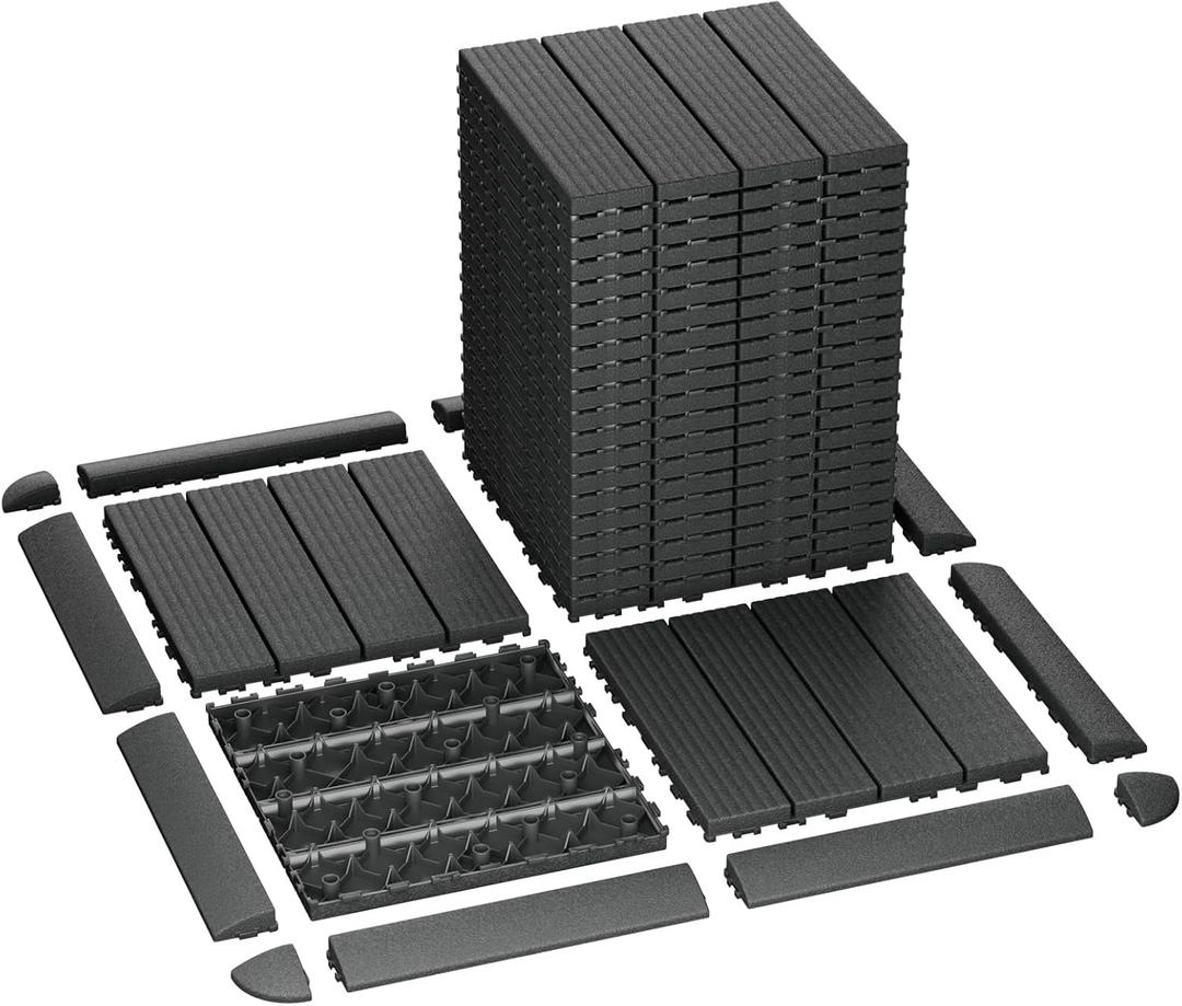 tonchean 44 sq ft Plastic Interlocking Deck Tiles, 44 PCS Outdoor Patio Flooring Boards with 8 Border Panels and 4 Corner Panels 12"x12" Patio Deck Tiles All Weather Uses for Porch Poolside Balcony