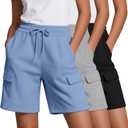 Neer 3 Pack Women's Bermuda Shorts Cargo Elastic Drawstring Knee Length Shorts Casual Loose Yoga SweatShorts with 4 Pockets, Black, Light Heather Gray, Light Blue, Medium