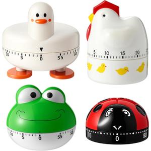 Amylove 4 Pieces Cute Kitchen Timer, Animal Mechanical Manual, Chick, Frog, Duck, Ladybug, 60 Minutes Loud Alarm Egg Windup Timer, for Adults Christmas Home Cooking Baking Fitness Beauty