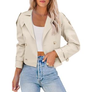 Imily Bela Womens Lapel Trench Coat Double Breasted Cropped Jacket Casual Outwear with Belt (Beige)