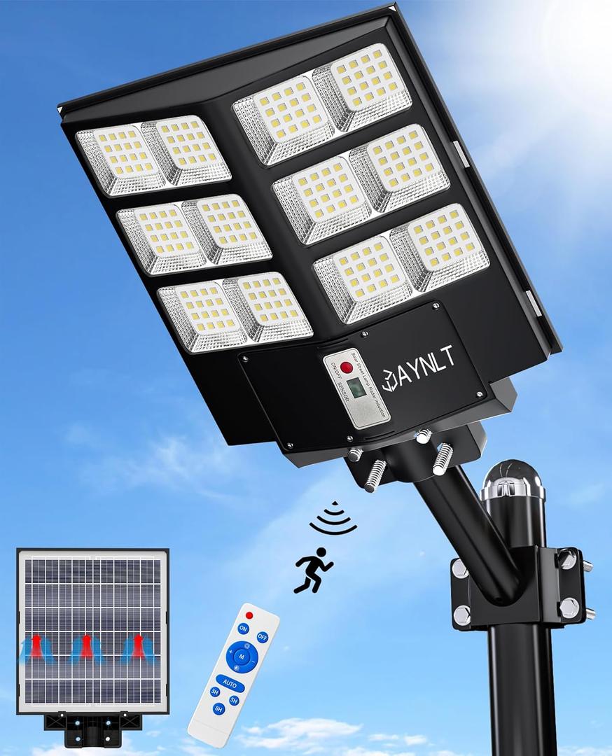 JAYNLT Y-2000W Solar Street Light, 200000LM 6500K Solar Flood Lights Outdoor Dusk to Dawn, 6500K IP67 Waterproof Parking lot Light Outdoor with Motion Sensor and Remote Control for Garage, Road (1Pack)