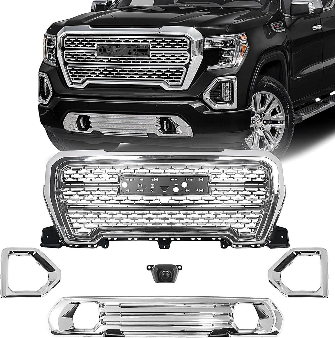 Grille Set 5pcs Compatible with GMC Sierra 1500 AT4/Denali 2019 2020 2021 Front Upper Grill + Front Lower Bumper Grille Plate+ Fog Light Bezels + Camera Bracket (Chrome)