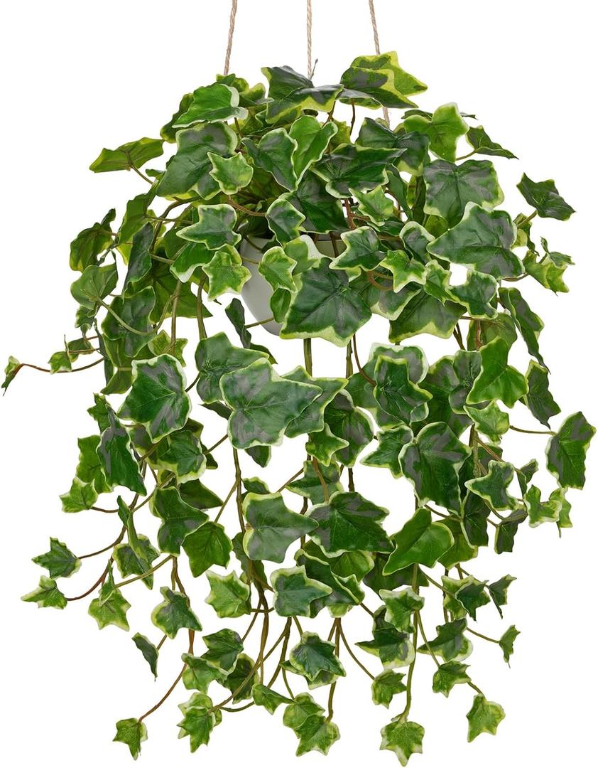 Hollyone Fake Hanging Plants with Pots, Artificial Potted Ivy Vine Faux Ivy Leaves Hanging Greenery Plants for for Home Ceiling Bedroom Living Room Garden Front Porch Table Shelf Wall Decoration (Green White #2)