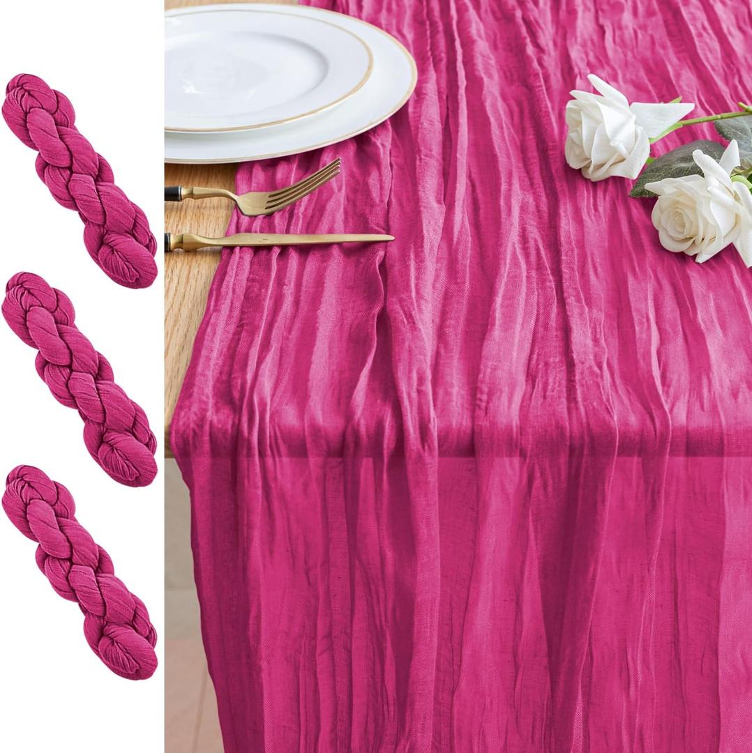 3PCS Table Runner Cheesecloth 10FT Fuchsia Boho Gauze Cheese Cloth Rustic Sheer Table Runners for Wedding Birthday Bridal Baby Shower Party Decoration