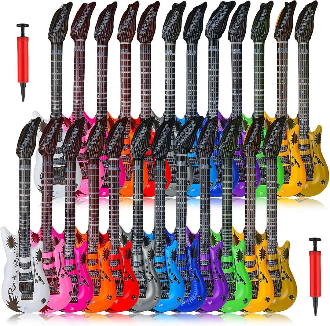 24 Pcs Inflatable Guitars for Parties Bulk Blow Rock Star Guitar Set Rock and Roll Party Decorations Photo Booth Props for Birthday 80s 90s Themed Party Carnival, 12 Colors
