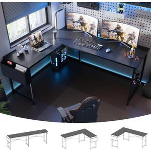 Pamray 64.5 Inch Reversible L Shaped Gaming Desk Large Corner Computer Desk with Storage Bag Home Office Table for Writing Study Black