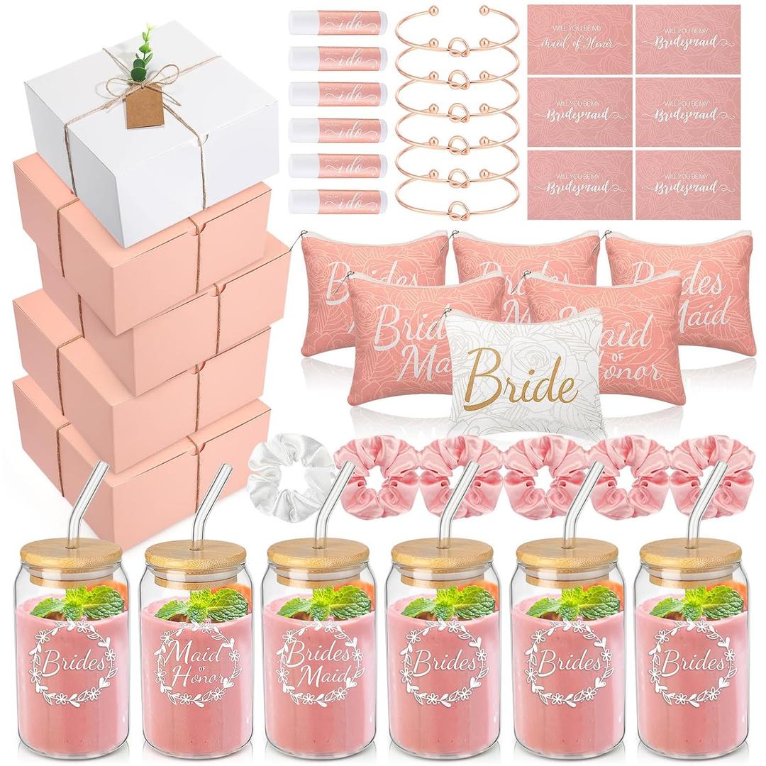 54 Pcs Bridesmaid Proposal Gifts, Maid of Honor Bride Gift Include Wedding Gift Box Makeup Bag Invited Card Glass Cup Lip Balm Scrunchie Bracelet for Bridal Shower Party(Pink, White)