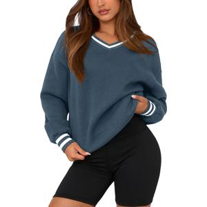 PRETTYGARDEN Women's Oversized Sweatshirts Casual Long Sleeve Stripes Knit V Neck Pullover Top Fall Teens Preppy Clothes (Grey Blue)