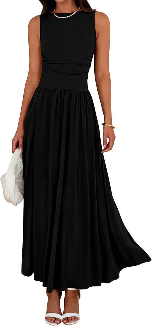 BTFBM Summer Maxi Dresses for Women 2025 Sleeveless Casual Ruched High Waisted Tank Long Sundress Flowy Beach Dress XL