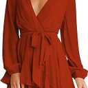 Women's Dress Deep V-Neck Long Sleeve Waist Tie Ruffle Mini Swing Skater Homecoming Dresses XS