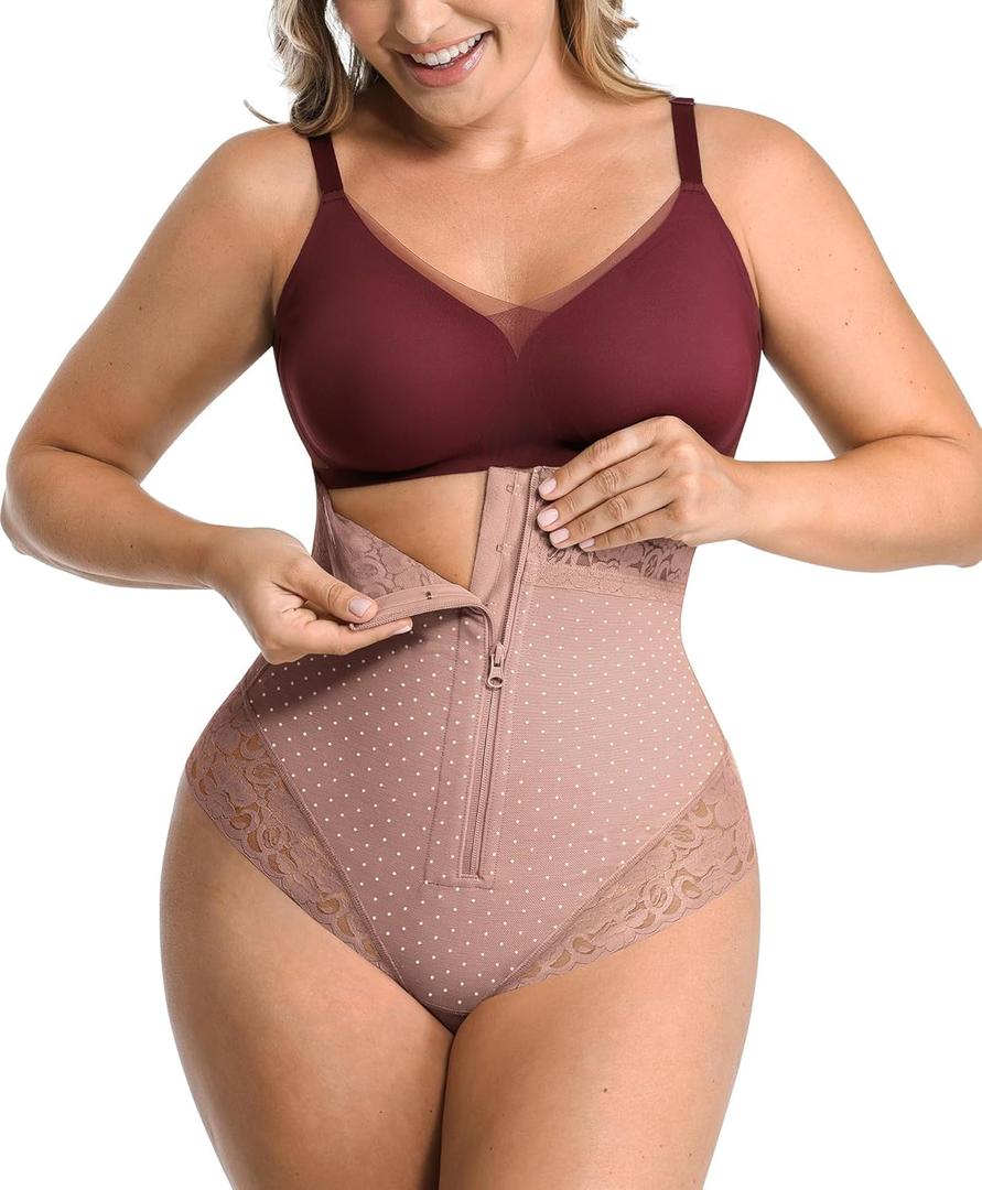 SHAPELLX Tummy Control Thong Shapewear for Women Shaping Thong Body Shaper Underwear with Hook Zipper Closure (Small, Mauve Brown)