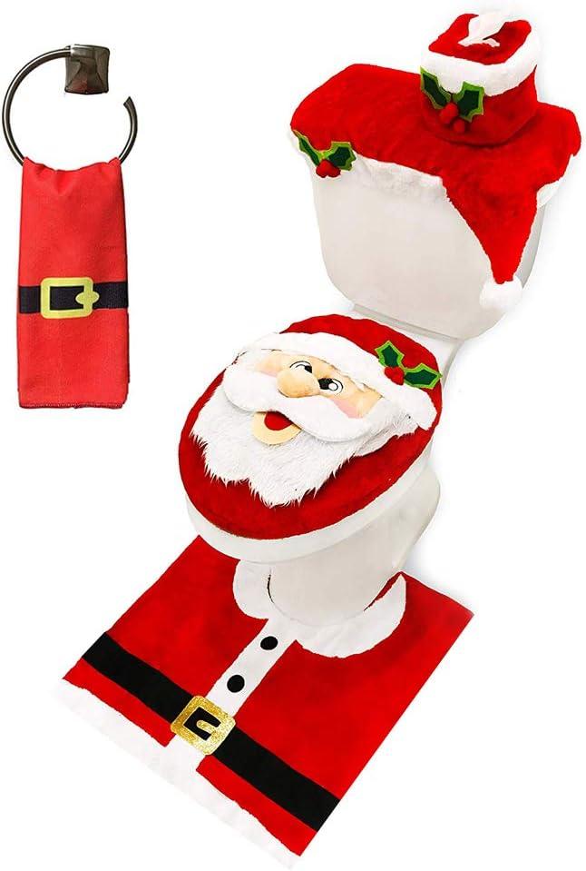 JOYIN 5 Pieces Christmas Theme Bathroom Decoration Set w/Toilet Seat Cover, Rugs, Tank Cover, Toilet Paper Box Cover and Santa Towel for Xmas Indoor Dcor, Party Favors (Santa)