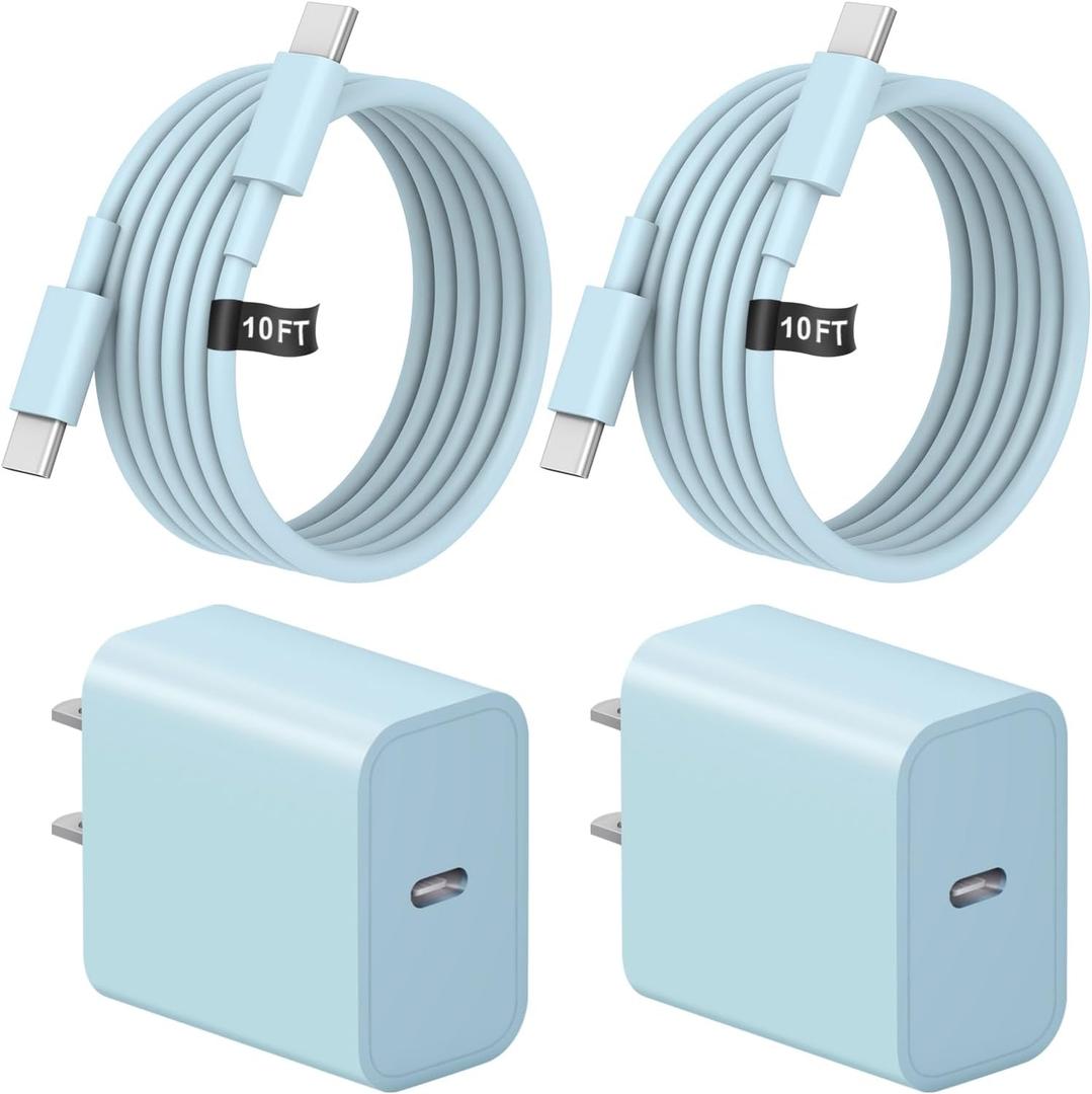 10 Ft iPhone 16 15 Charger Fast Charging USB C Charger Block Type C Chagrer Fast Charging 2-Pack for iPhone 16/16 Plus/16 Pro/16 Pro Max/iPhone 15/15 Pro Max/Samsung(Blue)