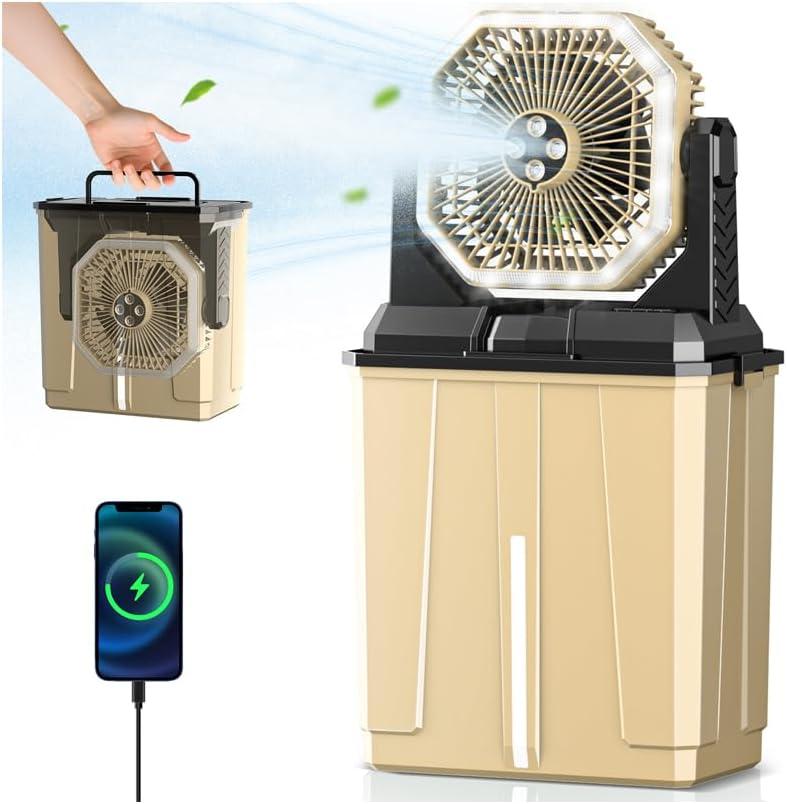 Portable Misting Fan, 24000mAh Camping Fan with 8L Bucket, 12Hrs Mist Rechargeable Fans, 60Hrs Cooling Battery Powered Fans with 2 Spray Modes, 3 Winds, 68LED Lights for Outdoor Garden, Worksites