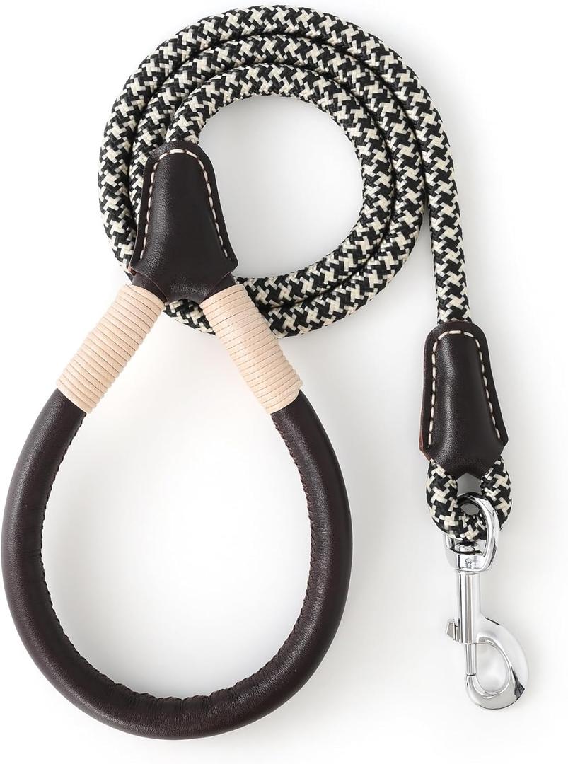 Mile High Life Genuine Leather Wrapped Handle Dog Leash, w Heavy Duty Clasp Rope Leash for Small Medium Large Dogs (Black Khaki, 4FT) (48 Inch-1/2")