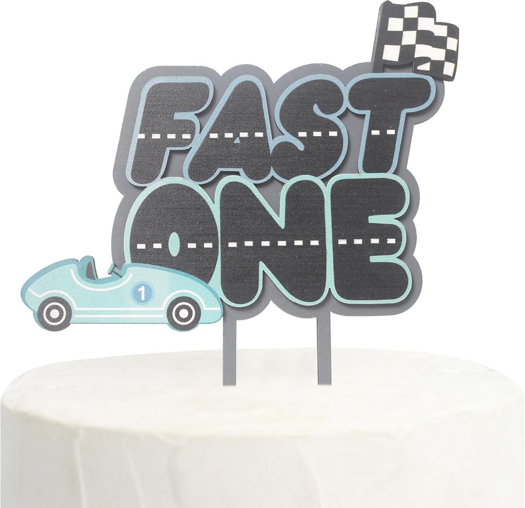 Race Car First Birthday Cake Topper, Fast One Theme Party Decoration, Blue and Gray Wooden Cake Topper