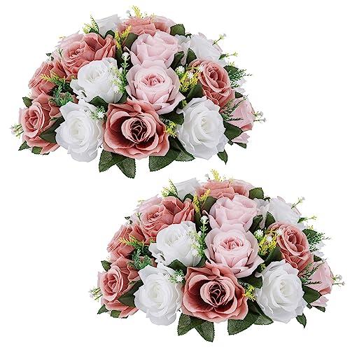 NUPTIO Large Flower Balls for Centerpieces - 2 Pcs 13.8in Diameter Dusty Rose & White Artificial Flower Ball Arrangement Bouquet Wedding Centerpieces for Tables - Fake Rose Flowers for Weddings Decor