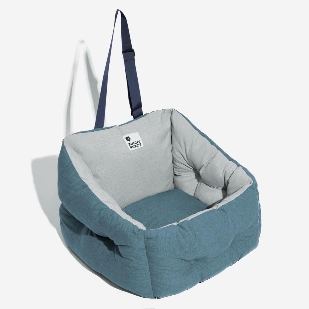 FUNNY FUZZY Dog Car Booster Seat for Small/Medium Dogs Up to 39lbs  Waterproof Fabric, Non-Slip Base, Safety Leash, Fully Detachable & Machine Washable Cover (Blue)