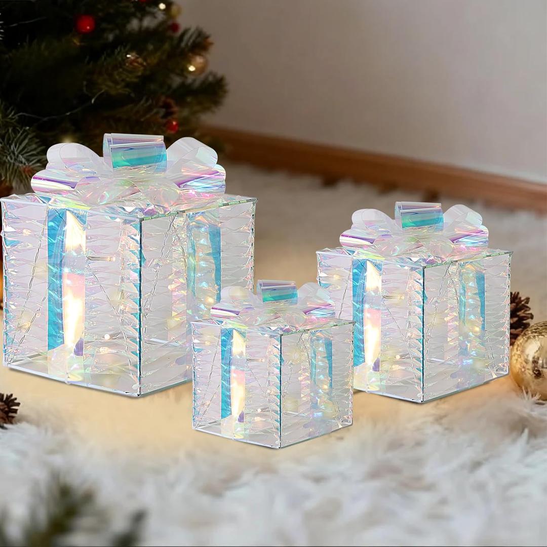 Christmas Decorations, 3-Piece Set, Box Ornaments with Bows, Illuminates Christmas Tree Skirts. Suitable for Indoor, Courtyard, and Outdoor Lawn Decorations. (White)