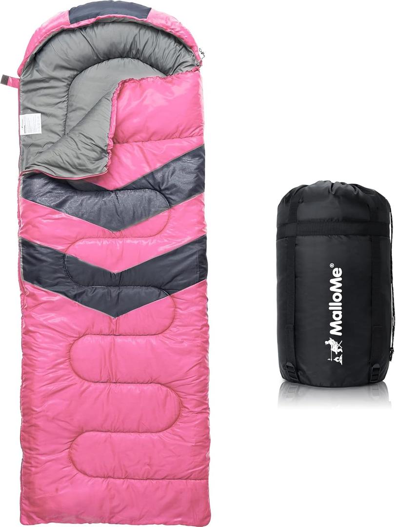 MalloMe Sleeping Bags for Adults Cold Weather & Warm - Backpacking Camping Sleeping Bag for Kids 10-12, Girls, Boys - Lightweight Compact Camping Essentials Gear Accessories Hiking Sleep Must Haves (32-65F Plush Comfort - Pink)