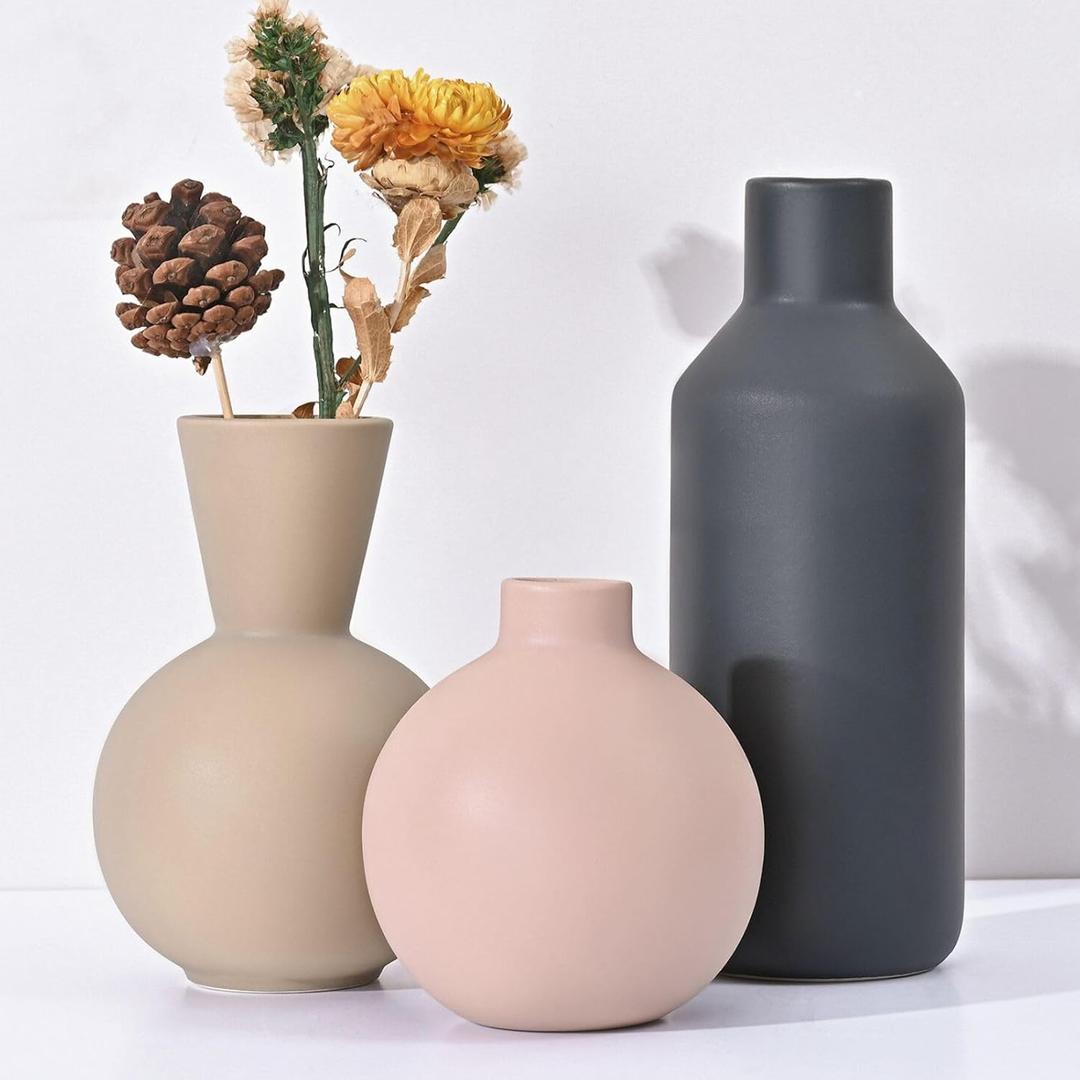 Ceramic Vase Set of 3, Modern Farmhouse Vase, Neutral Small Flower Vase for Table, Living Room, Shelf, Bookshelf and Entryway Decor