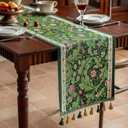 Tassel Table Runner Green Floral Rectangular Polyester Jacquard Bed Runner Home Restaurant Kitchen Living Room Dining Coffee Table Cabinet Decoration for Party Holiday Picnic Wedding-72"