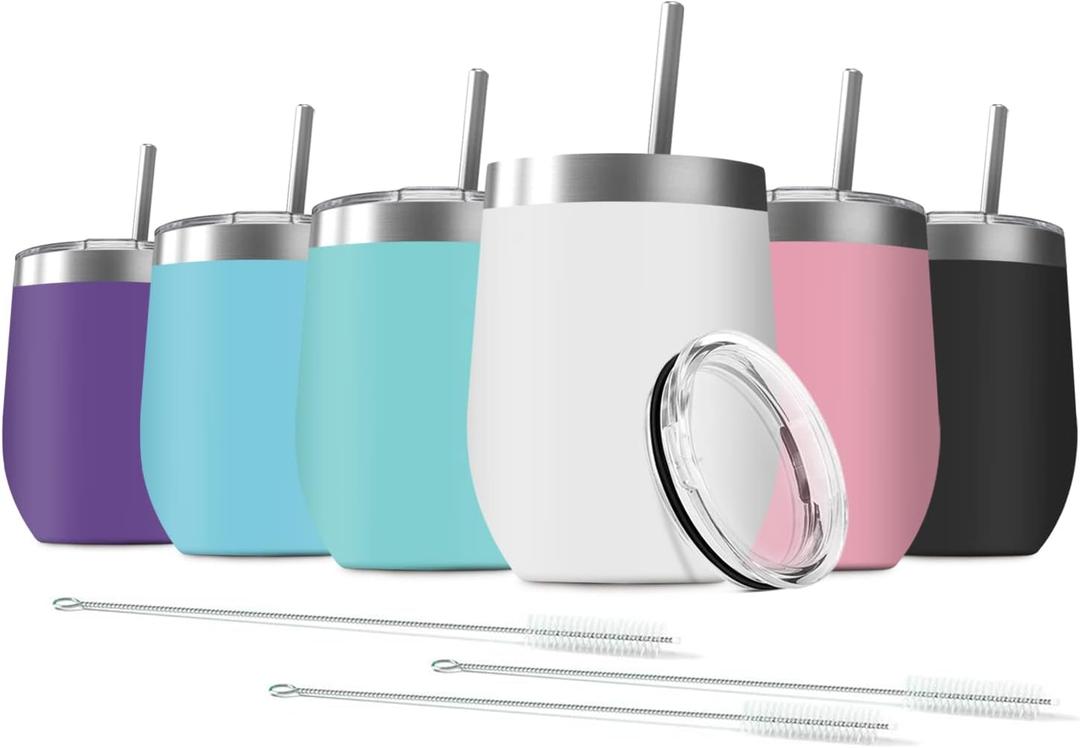 6 Pack 12 oz Stainless Steel Wine Tumbler with Lids, Double Wall Vacuum Insulated Travel Cup Including 6 Straws Set for Coffee, Cocktail, Drink, Tea and Beer (Assorted Colors)