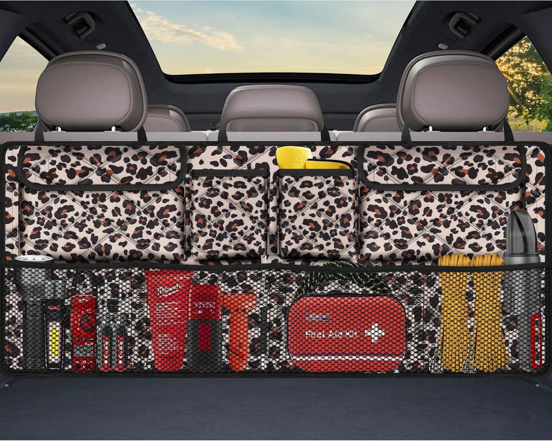 Femuar Car Trunk Organizer,Large Capacity Backseat Trunk Organizer(42"*18"),Collapsible Car Storage Bag with 8 Pocekt,Car Organizer for SUV/MPV/Truck - Leopard print