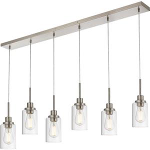 6-Lights Pendant Lighting for Kitchen Island in Brushed Nickel, Ceiling Light Fixtures with Adjustable Hanging Wire & Clear Glass Shades