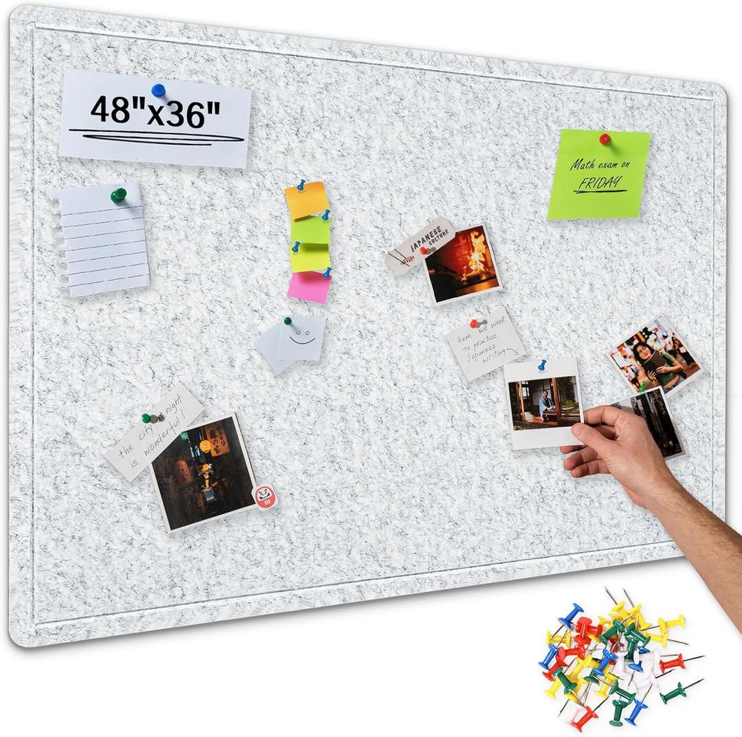 Foldable Bulletin Board, 48x36 Inch Cork Board Alternative, Felt Pin Board for Wall Mounting, Photo Board Self-Adhesive Surface, Vision Board Decoration for Office, Home, Classroom, 35 Pushpins, Gray