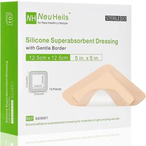 NeuHeils Silicone Super Absorbent Wound Dressing 5''x5'' 10 Packs, Self-Adhesive Waterproof Bandage with Ultrasorb Polymer Pad for Heavy Exudates Wound