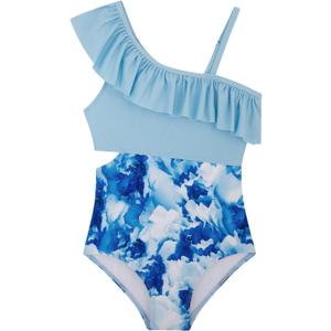 Girls One Piece Swimsuits Cutout Ruffle Bathing Suit Quick Dry Beach Swimwear with Adjustable Strap 5-14 Years (Marble)