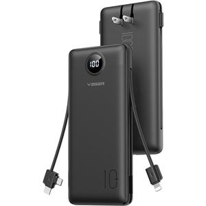 VEGER Portable Charger, 10000mAh Power Bank with Built-in Cables & AC Wall Plug, Ultra Slim Battery Pack 5 outputs 2 Inputs, USB C Powerbank Compatible with iPhone 17, Samsung, Android (Pure Black)
