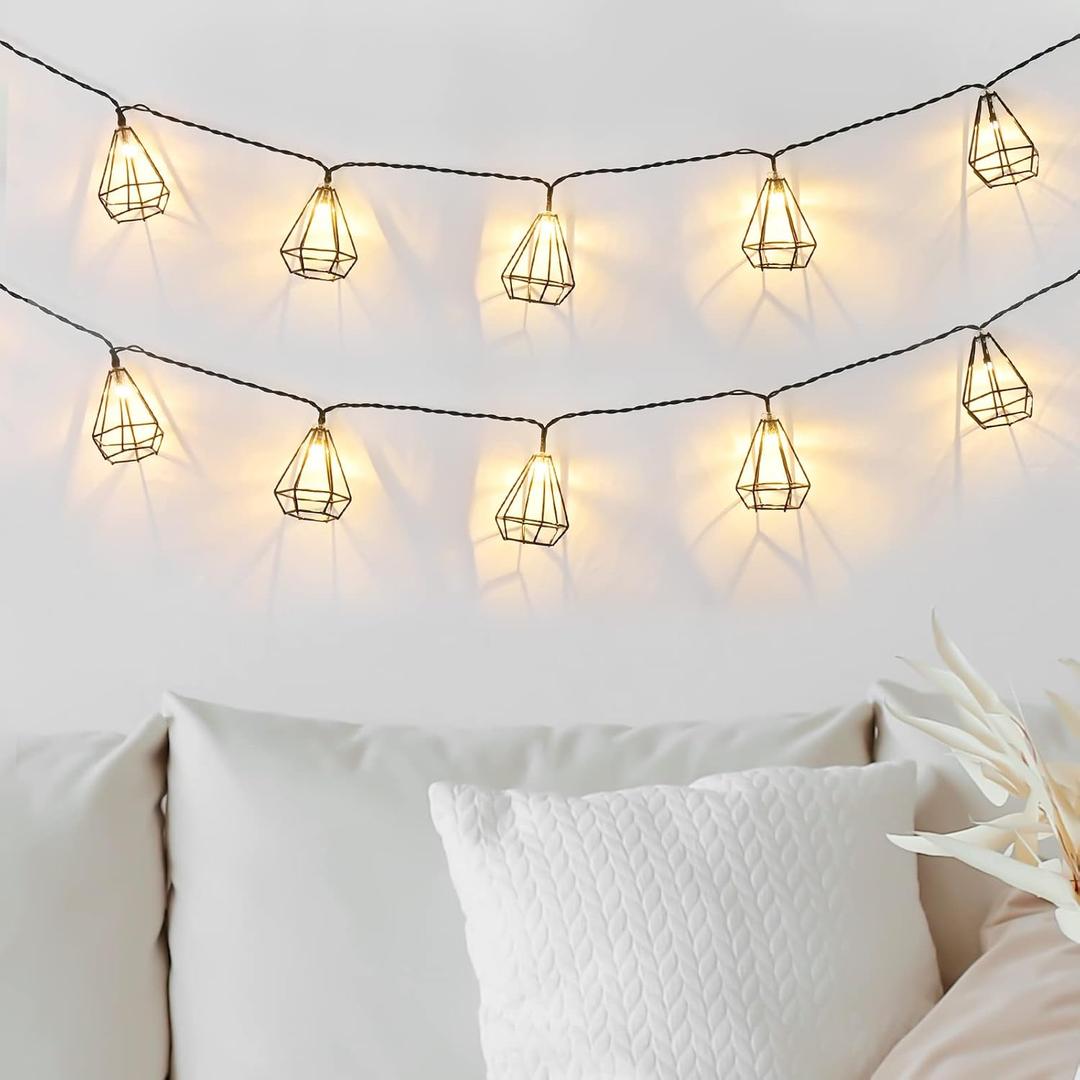 Diamond String Lights 10 LED 6.8 ft Battery Operated, Geometric String Lights Warm White, Black Metal Lamps Decor for Indoor Wedding Party Bedroom Christmas