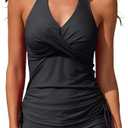 Women Two Piece Tankini Halter Padded Adjustable Drawstring Swimsuit with Boyshorts, Large 