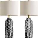 BOBOMOMO 26" Farmhouse Black Table Lamps Set of 2 Rustic Resin Lamps with Vintage Leaf Pattern and Linen Shades, Black Bedside Lamps for Bedroom, Living Room, Office, Entryway, Console Table