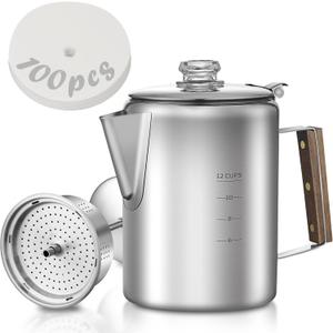 Coffee Percolator with 100pcs Coffee Filters - 12 Cups | Durable Stainless Steel Material Camping Coffee Pot| Brew Coffee On Fire, Grill or Stovetop | Ideal for Home, Camping