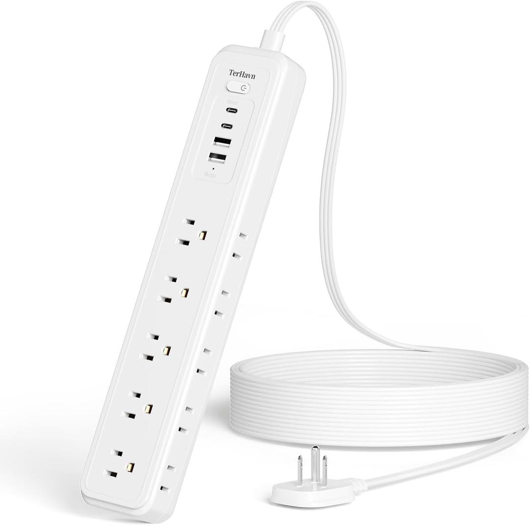 Power Strip Surge Protector,15 Outlets 4 USB 2 USB-C,10Ft Flat Plug,White | 15 AC Outlets,4 USB Ports 2 USB-C 2 USB-A,1080J Surge,Wall Mountable,10Ft Cord,16AWG,Overload Protection,3-Side Design